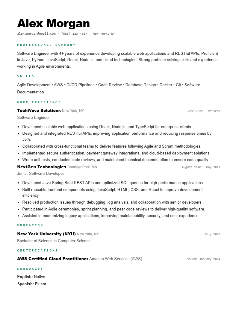 Swiss Modern ATS-friendly resume template